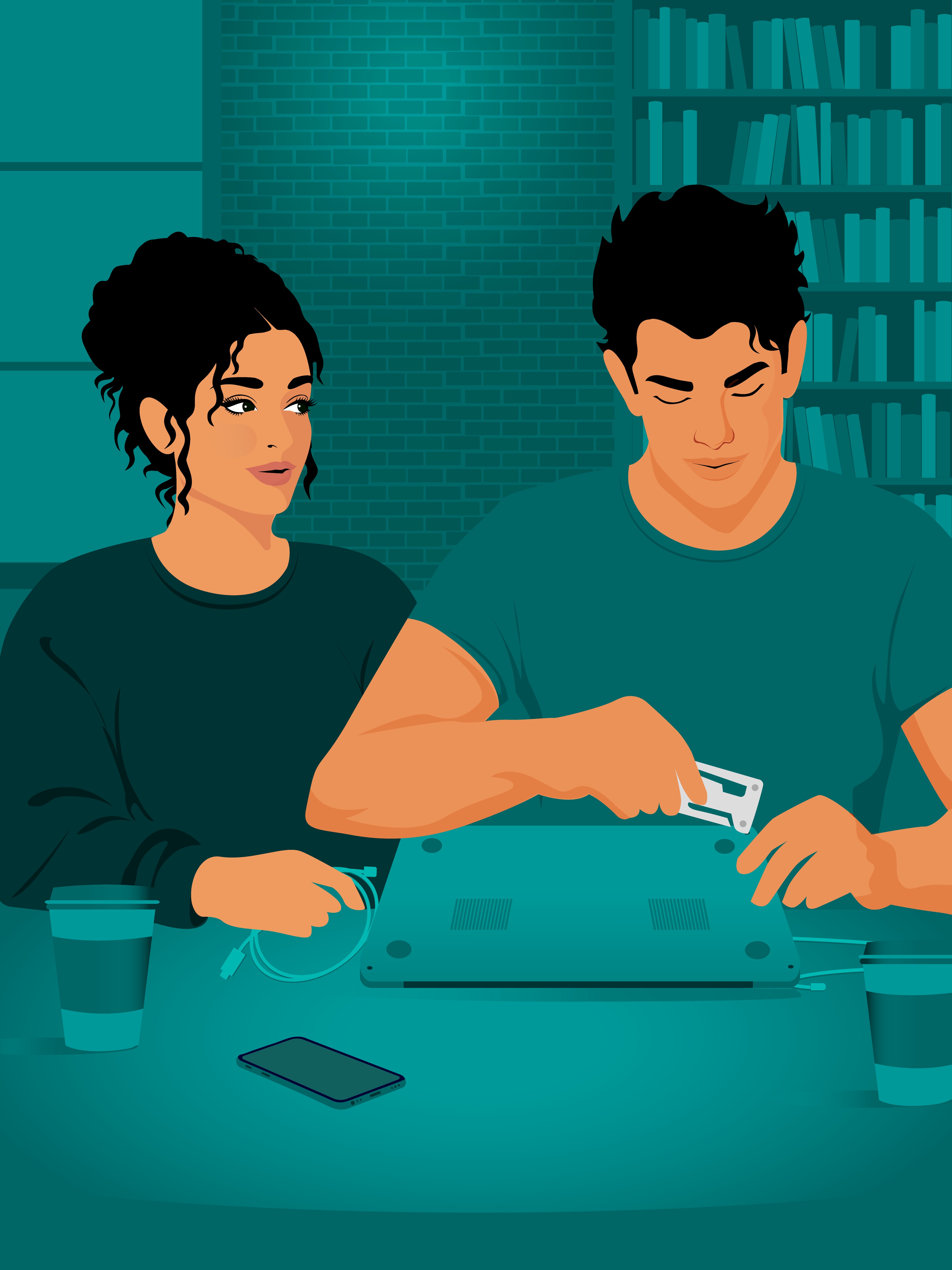 Zahra and Theo hovered over a busted laptop